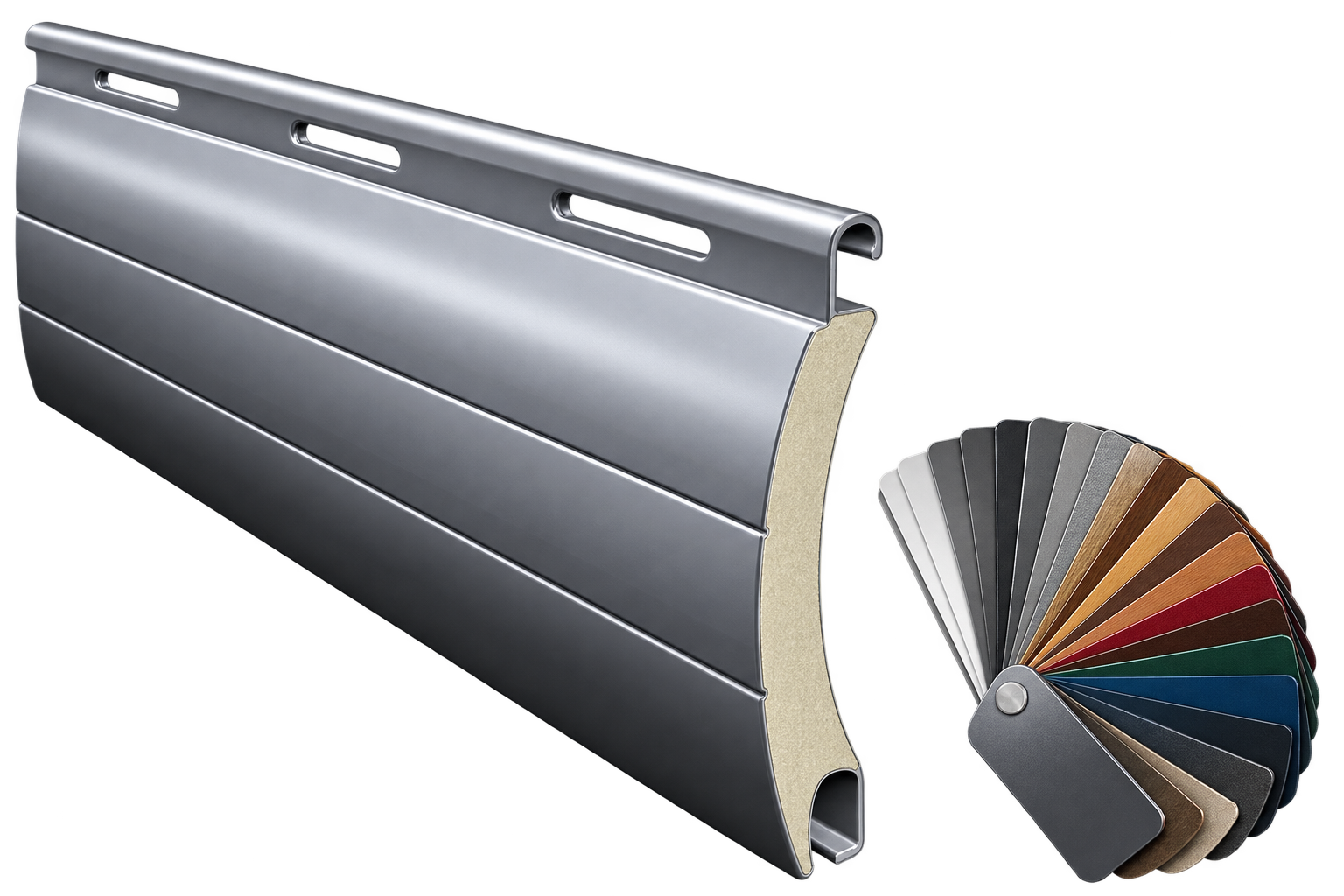 Aluminium shutter slats with a filling section and colour fan