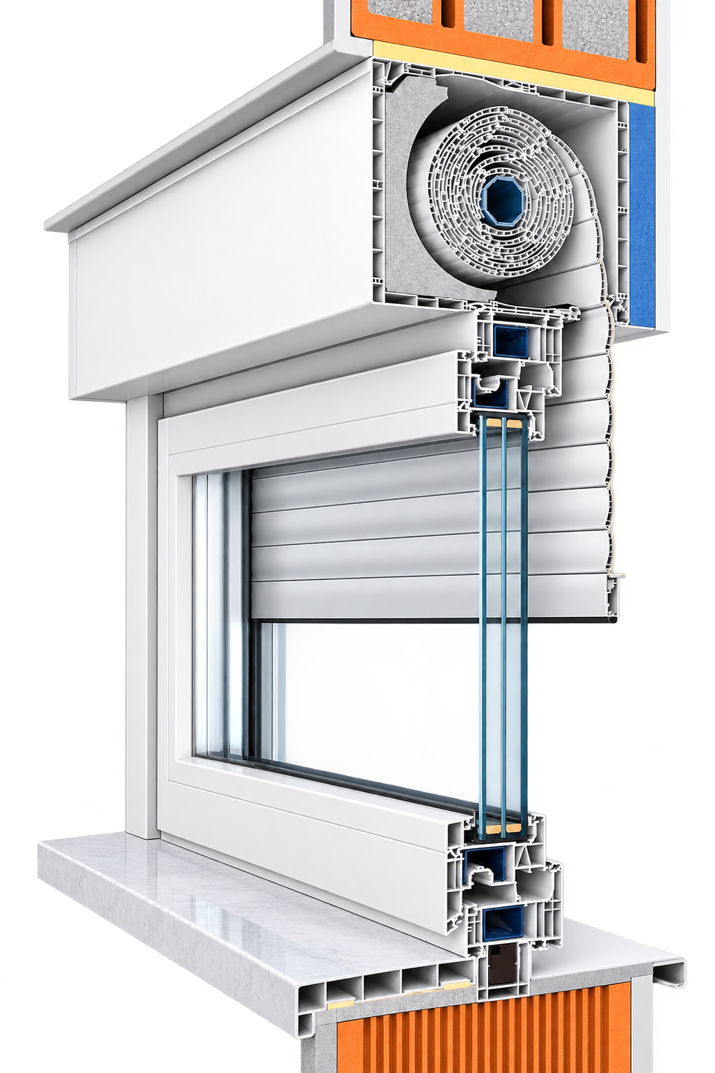 Section of a top-mounted roller shutter and window frame