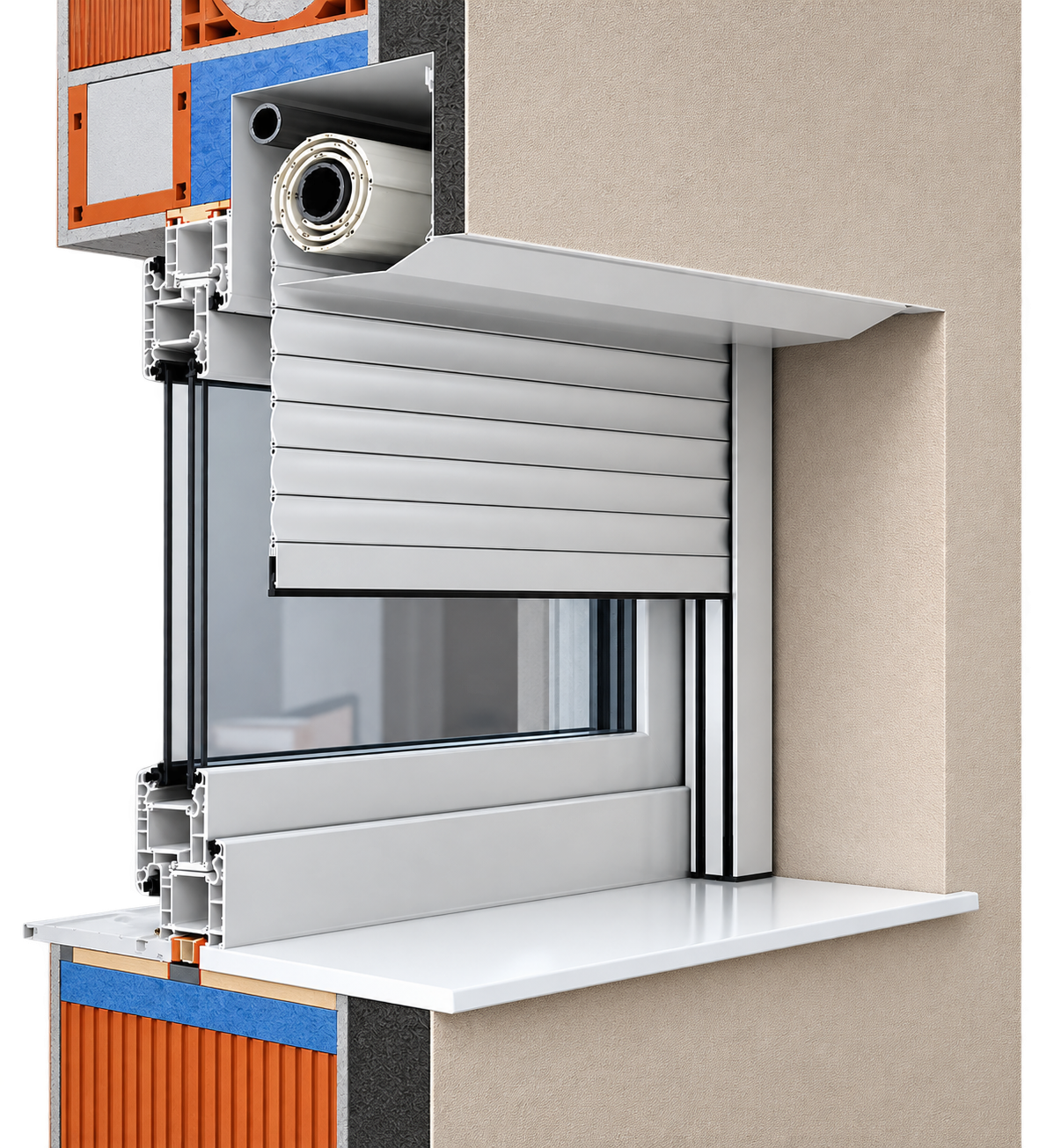 Section of a concealed external shutter in a window opening
