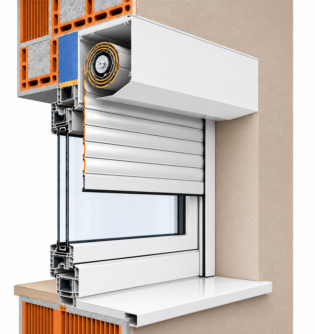 Section of an external roller shutter with a visible box