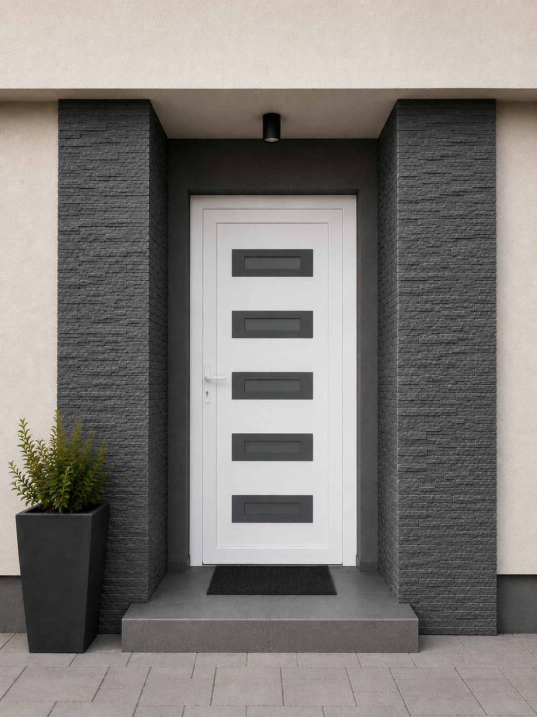 Dark entrance door with horizontal glazing panels and pull handle