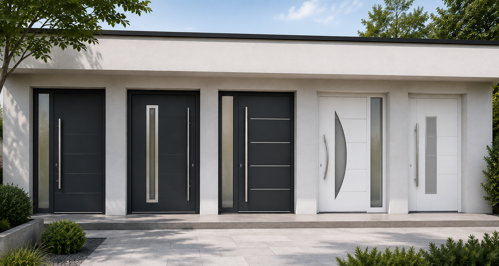 Various designs of dark and white entrance doors