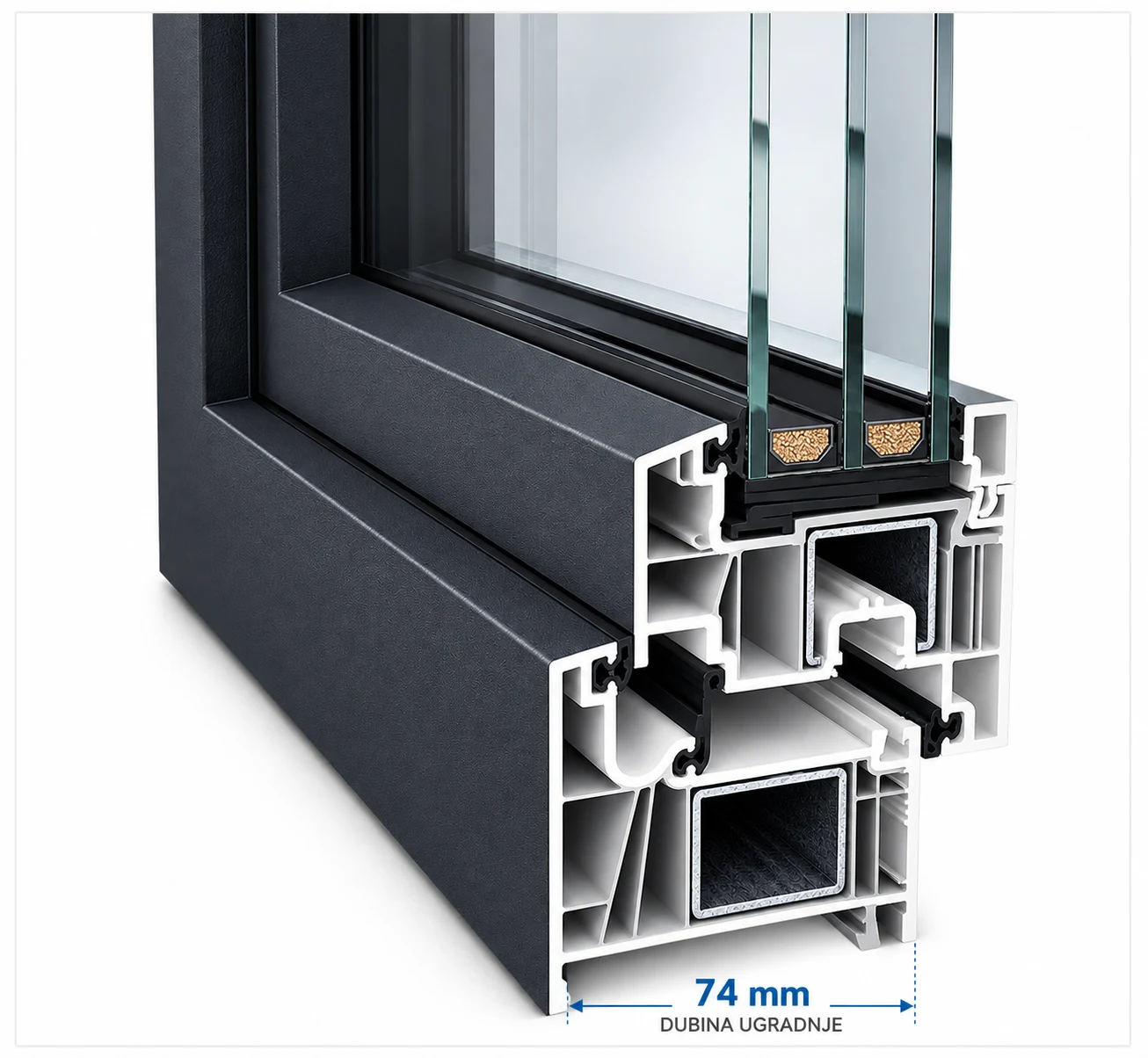Sezione del profilo antracite GEALAN-LINEAR con vetratura e indicazione della profondità di 74 mm