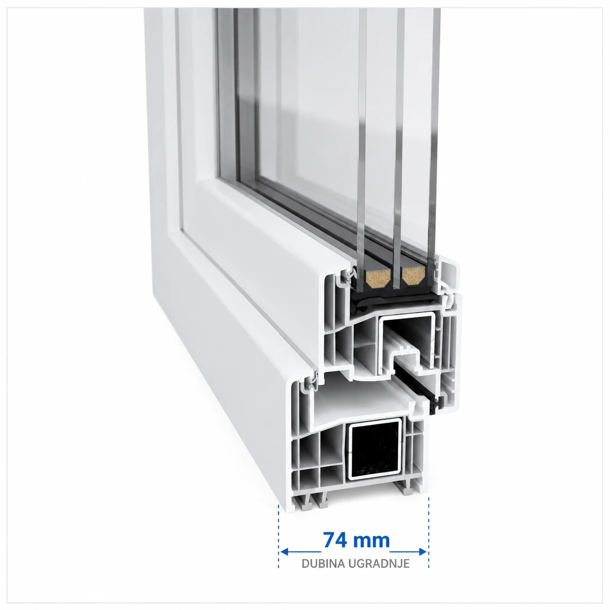 Sezione del profilo bianco GEALAN S 8000 con vetratura e indicazione della profondità di 74 mm