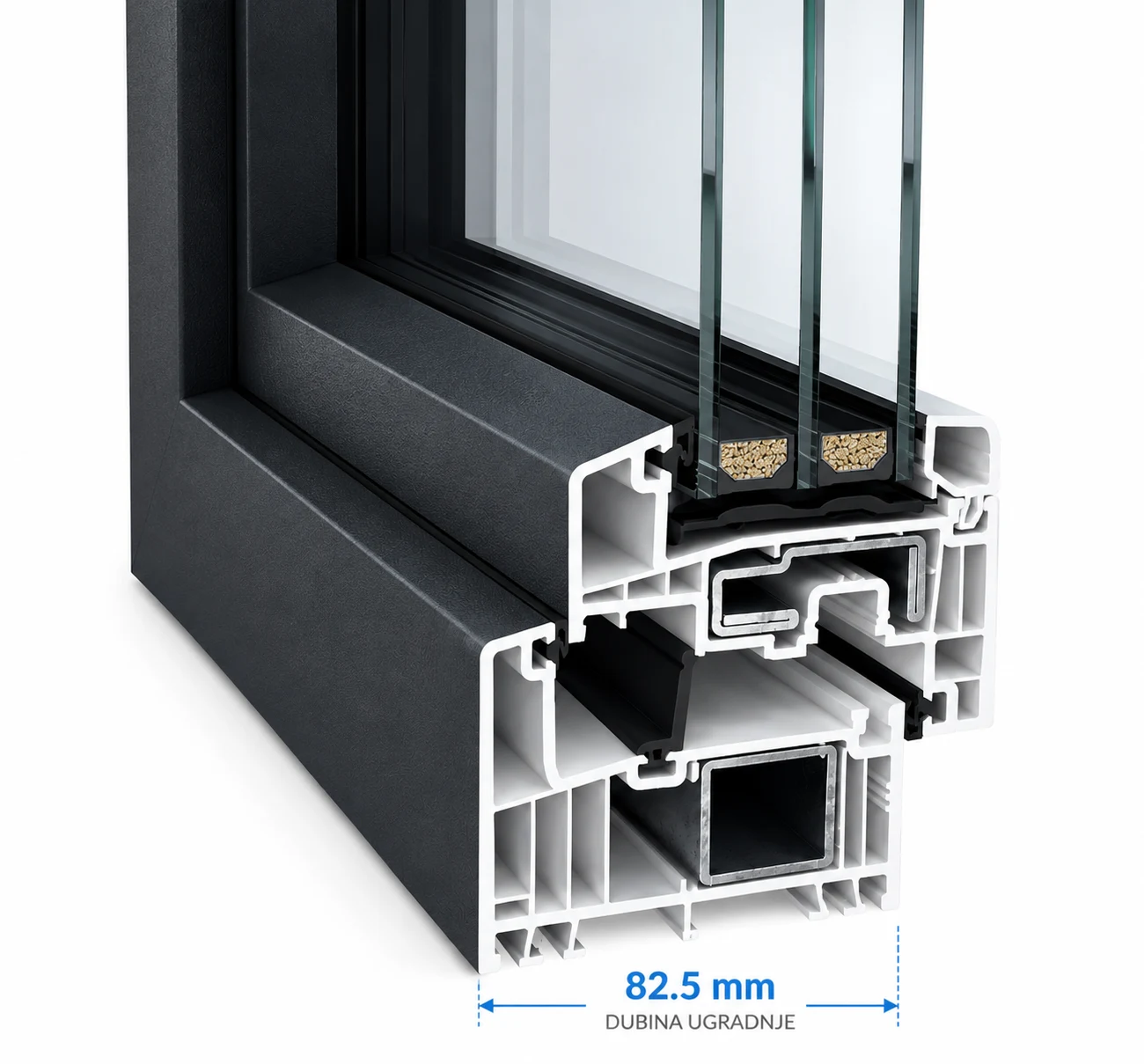 Sezione del profilo GEALAN S 9000 con vetratura e indicazione della profondità di 82,5 mm