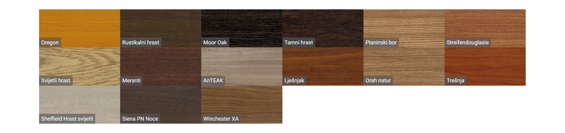 Gamma di pellicole decorative non standard con campioni effetto legno e nomi dei decori